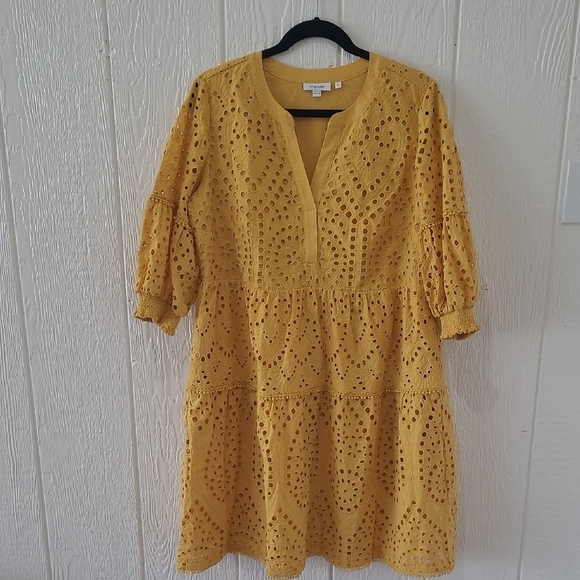 Chico's Mustard Eyelet Midi Dress Size 12 - Picture 2 of 11